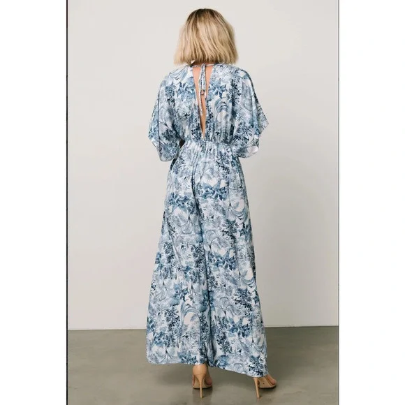 Baltic Born Byron Blue White Tropical Resort Wear Wide Leg Tie Front Jumpsuit XL - Picture 3 of 14